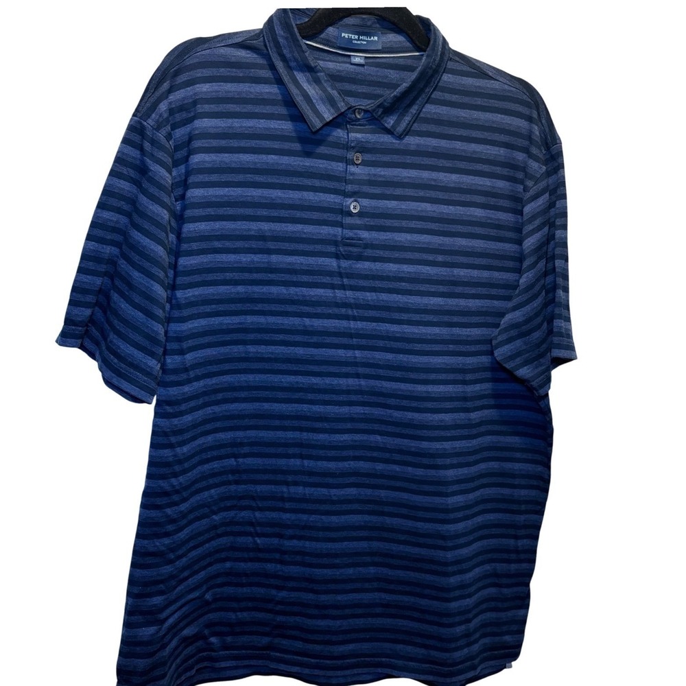 Peter Millar XL Striped Polo Dress Shirt‎ Mens Navy Blue Golf Casual Preppy